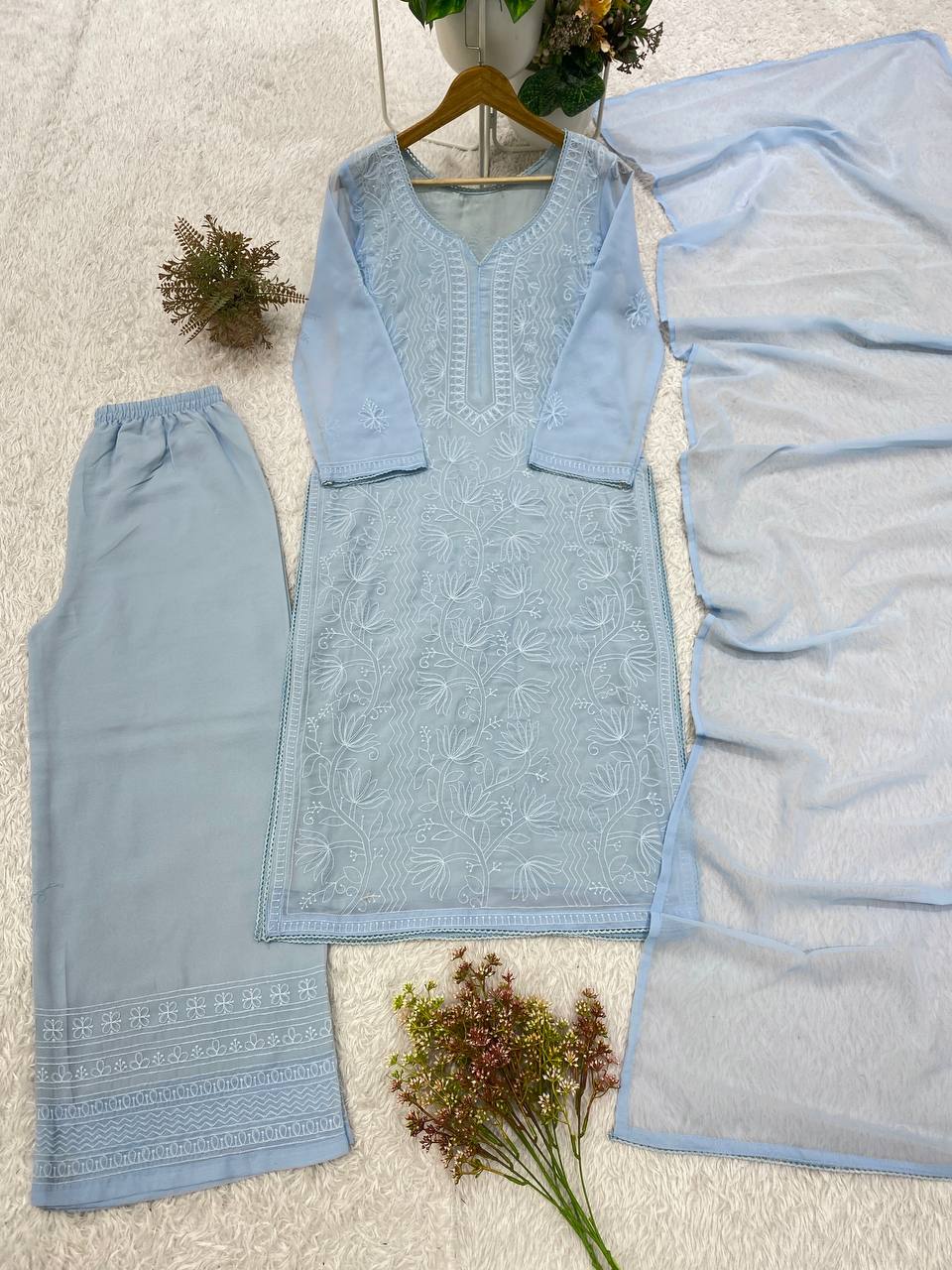 Powder Blue Georgette Chikankari Kurta Palazzo Set, view 4