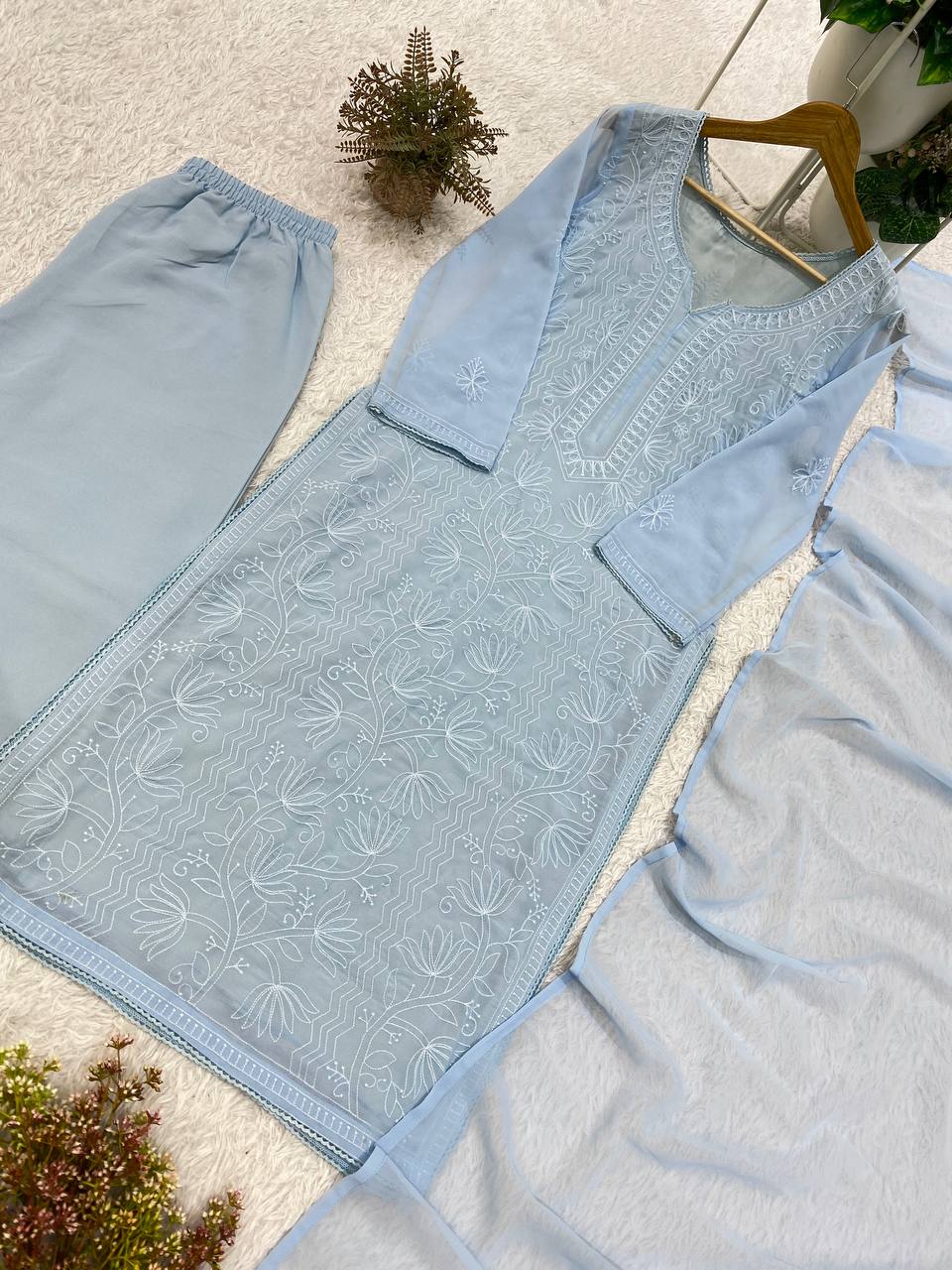 Powder Blue Georgette Chikankari Kurta Palazzo Set, view 5