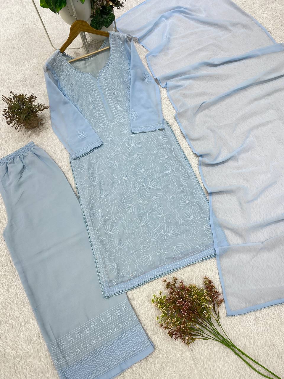 Powder Blue Georgette Chikankari Kurta Palazzo Set, view 6