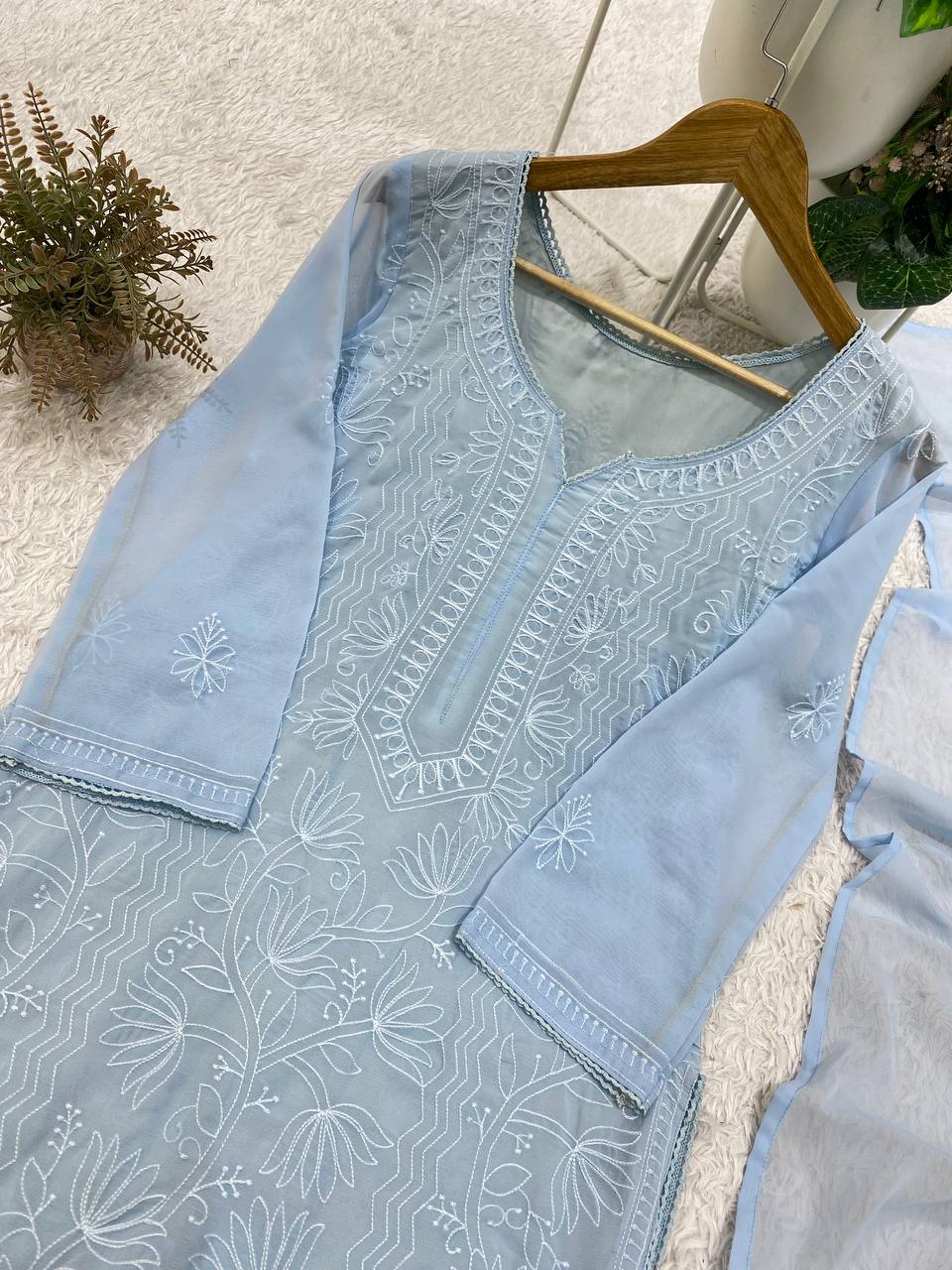 Powder Blue Georgette Chikankari Kurta Palazzo Set, view 7