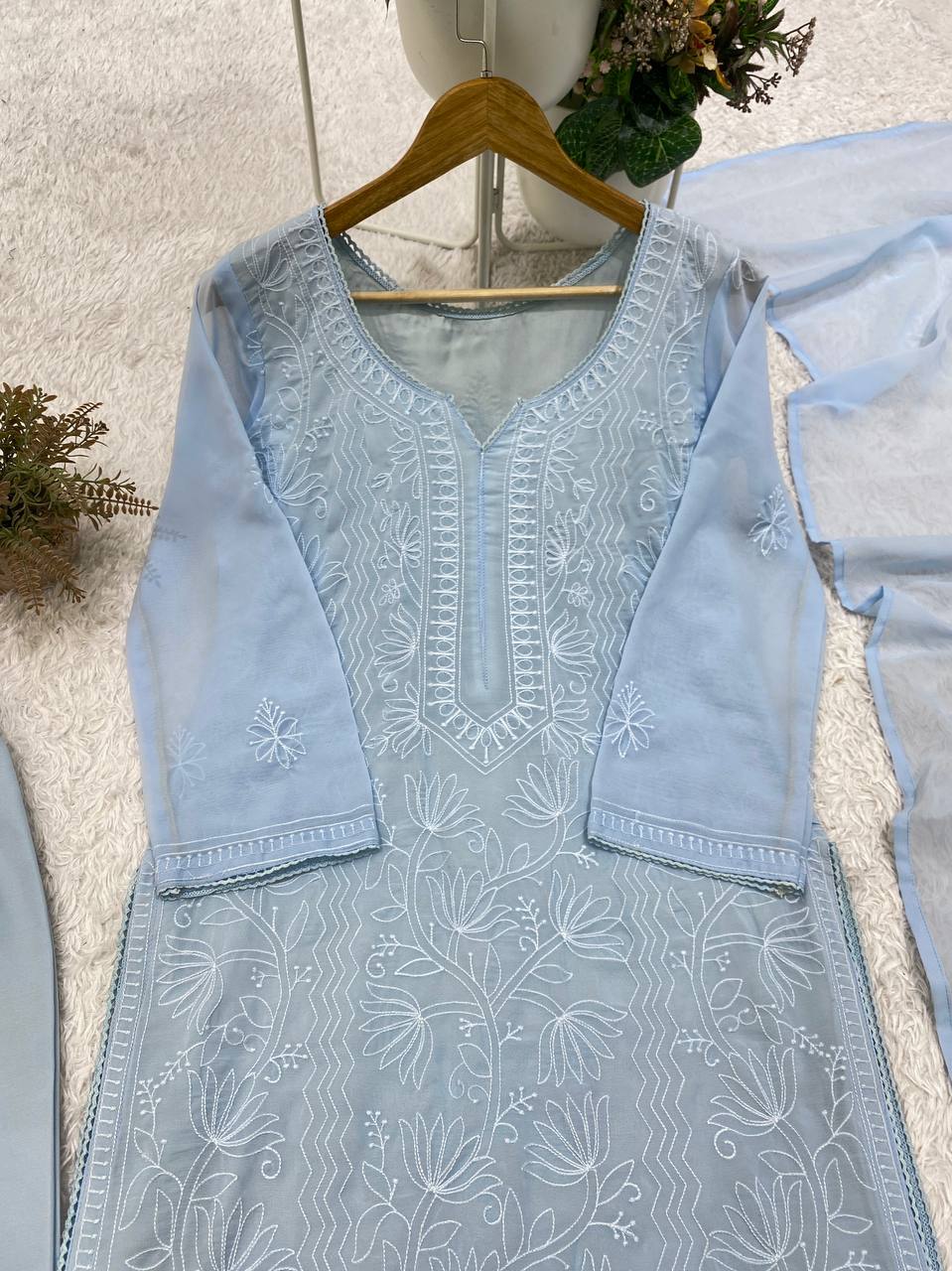Powder Blue Georgette Chikankari Kurta Palazzo Set, view 8