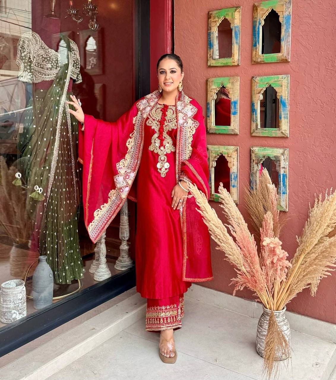 Red Roman Silk Sequin Kurta Palazzo Set