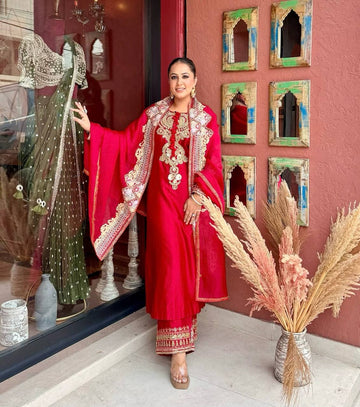 Red Roman Silk Sequin Kurta Palazzo Set