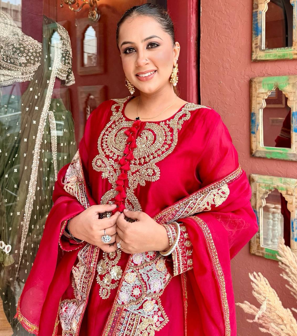 Red Roman Silk Sequin Kurta Palazzo Set, view 2