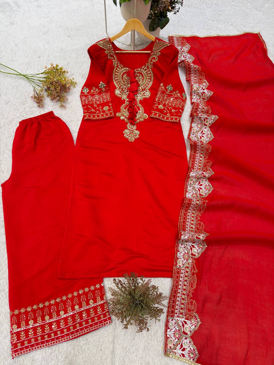 Red Roman Silk Sequin Kurta Palazzo Set, view 3