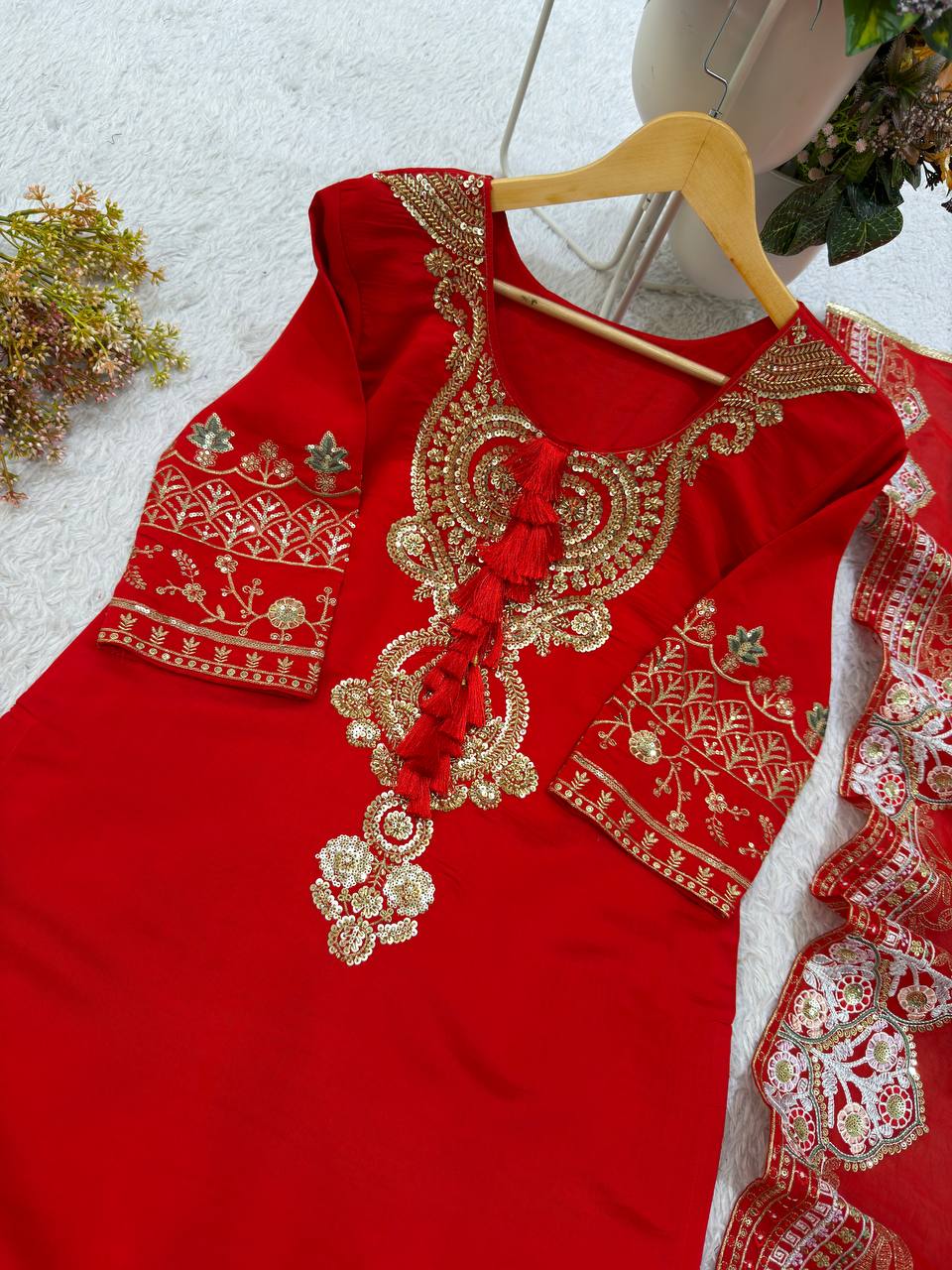 Red Roman Silk Sequin Kurta Palazzo Set, view 4