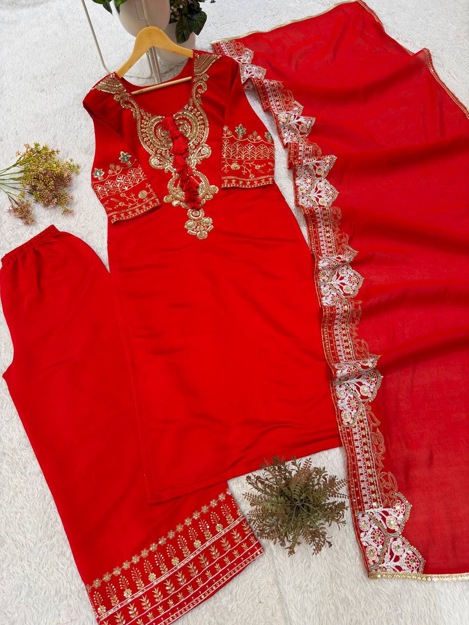 Red Roman Silk Sequin Kurta Palazzo Set, view 5