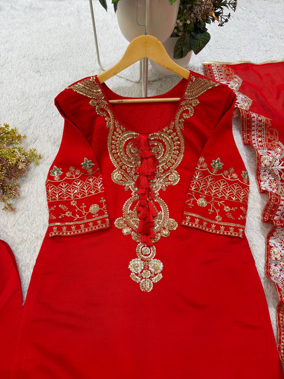 Red Roman Silk Sequin Kurta Palazzo Set, view 6