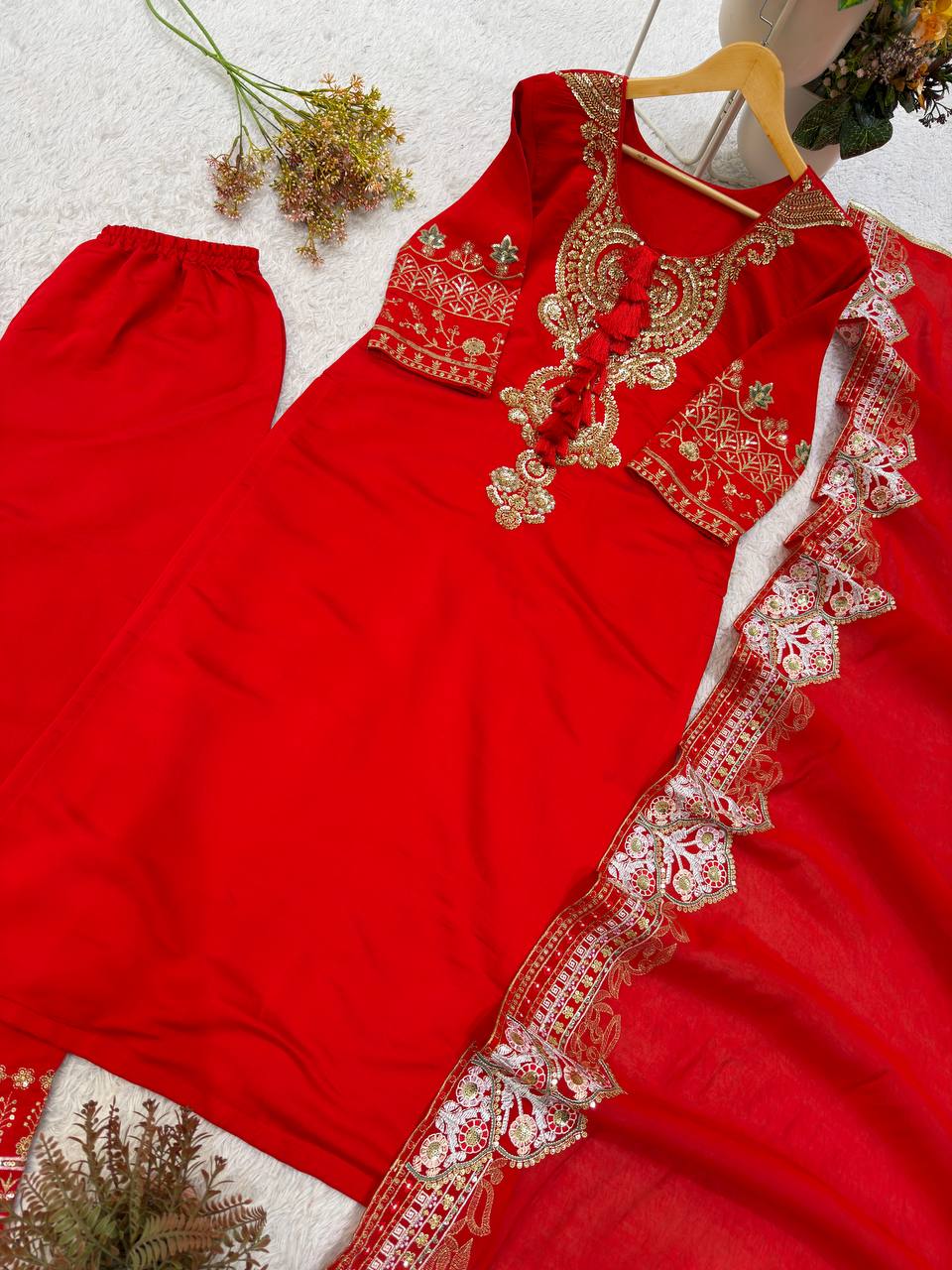 Red Roman Silk Sequin Kurta Palazzo Set, view 7