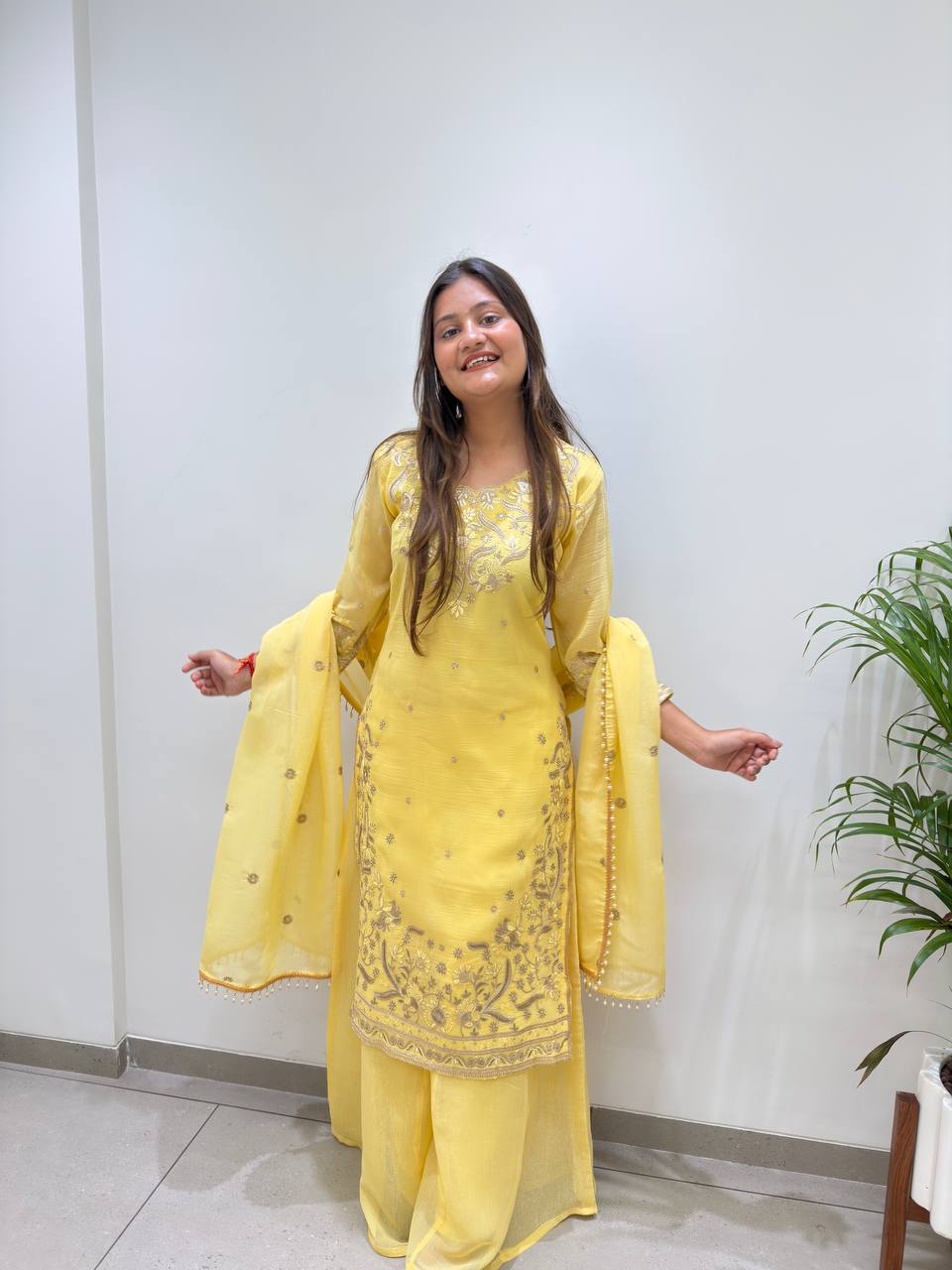 Lemon Yellow Crunchy Sequin Kurta Palazzo Set, view 2