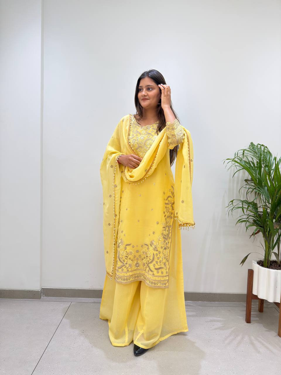 Lemon Yellow Crunchy Sequin Kurta Palazzo Set, view 3