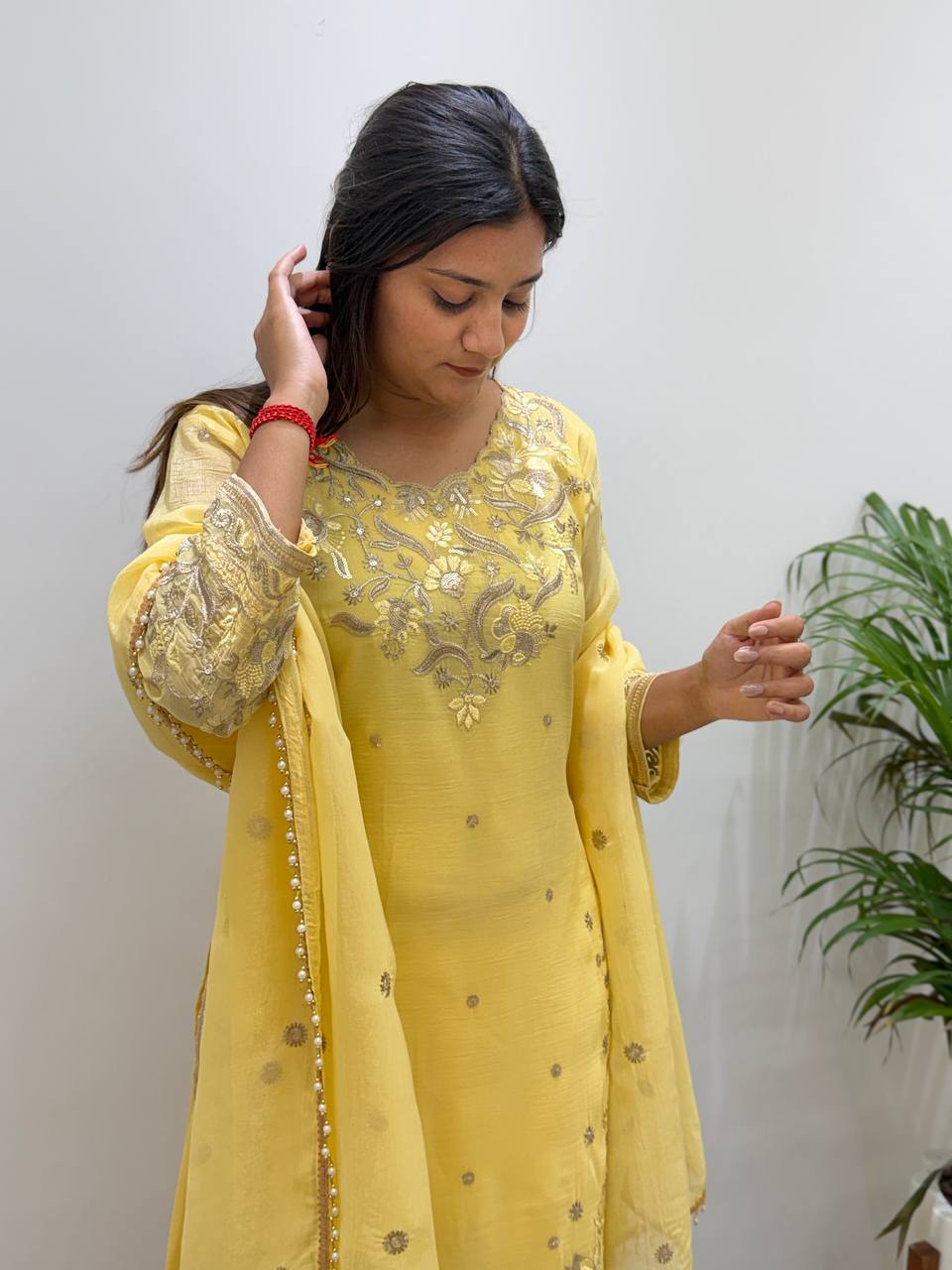 Lemon Yellow Crunchy Sequin Kurta Palazzo Set, view 4