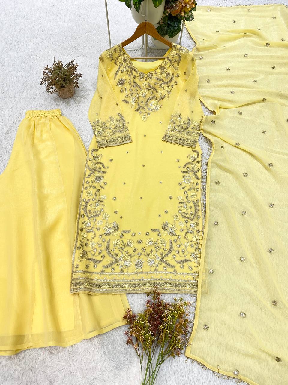 Lemon Yellow Crunchy Sequin Kurta Palazzo Set, view 5