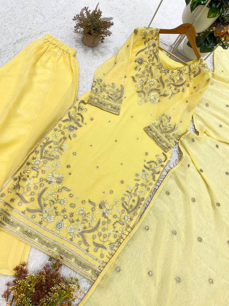 Lemon Yellow Crunchy Sequin Kurta Palazzo Set, view 6