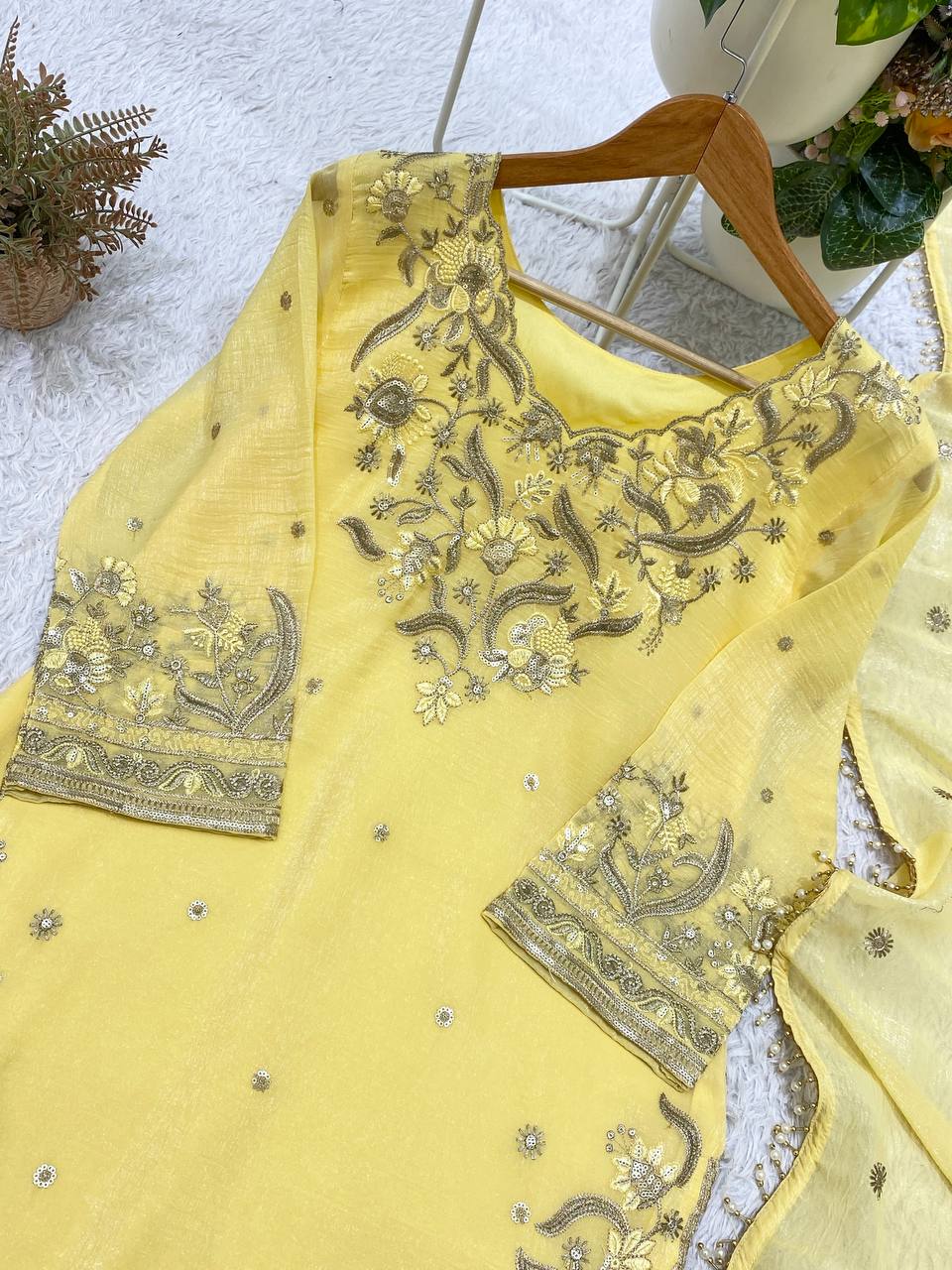 Lemon Yellow Crunchy Sequin Kurta Palazzo Set, view 7
