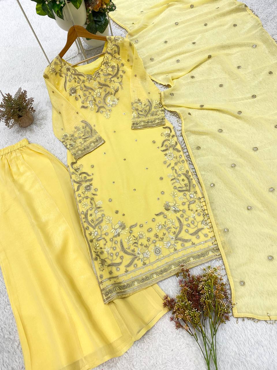 Lemon Yellow Crunchy Sequin Kurta Palazzo Set, view 8