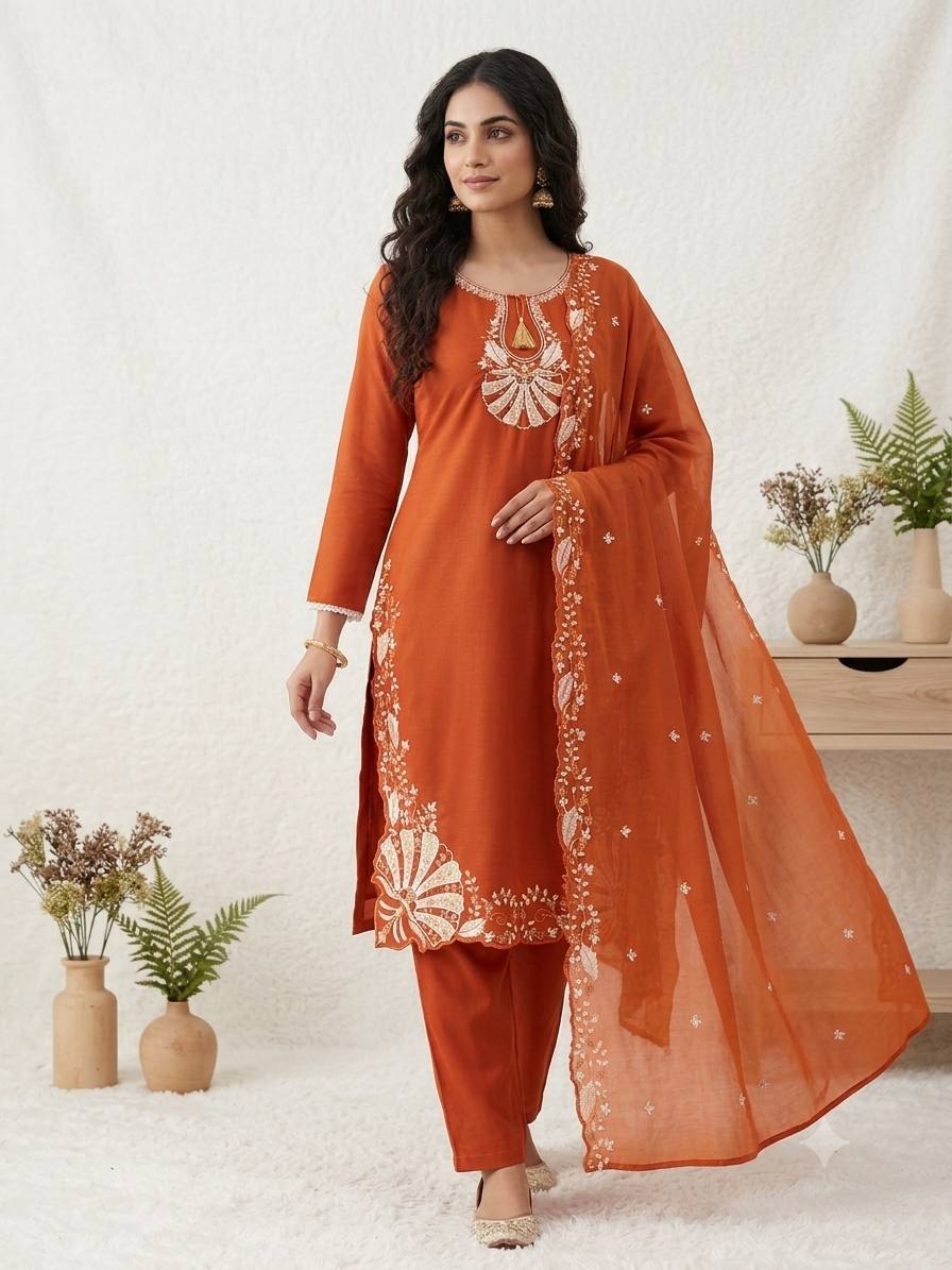 Rust Orange Roman Silk Kurta Pant Set 502