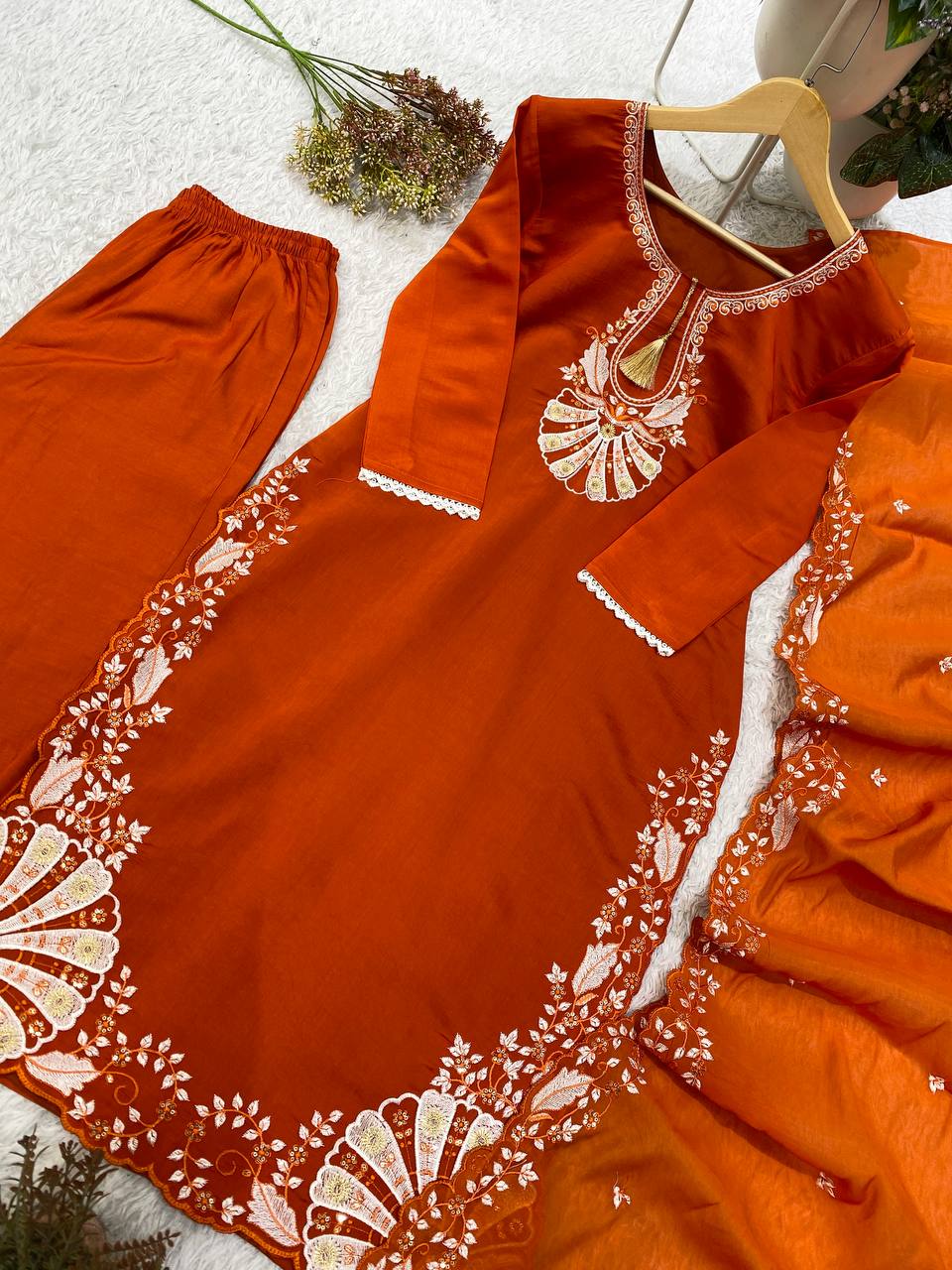 Rust Orange Roman Silk Kurta Pant Set 502, view 3