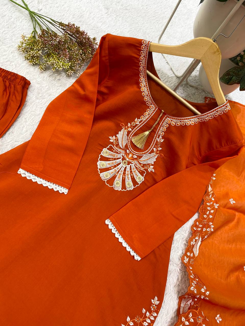 Rust Orange Roman Silk Kurta Pant Set 502, view 5