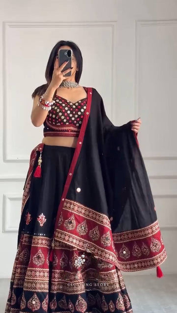 Black Printed Rayon Mirror Work Lehenga Choli