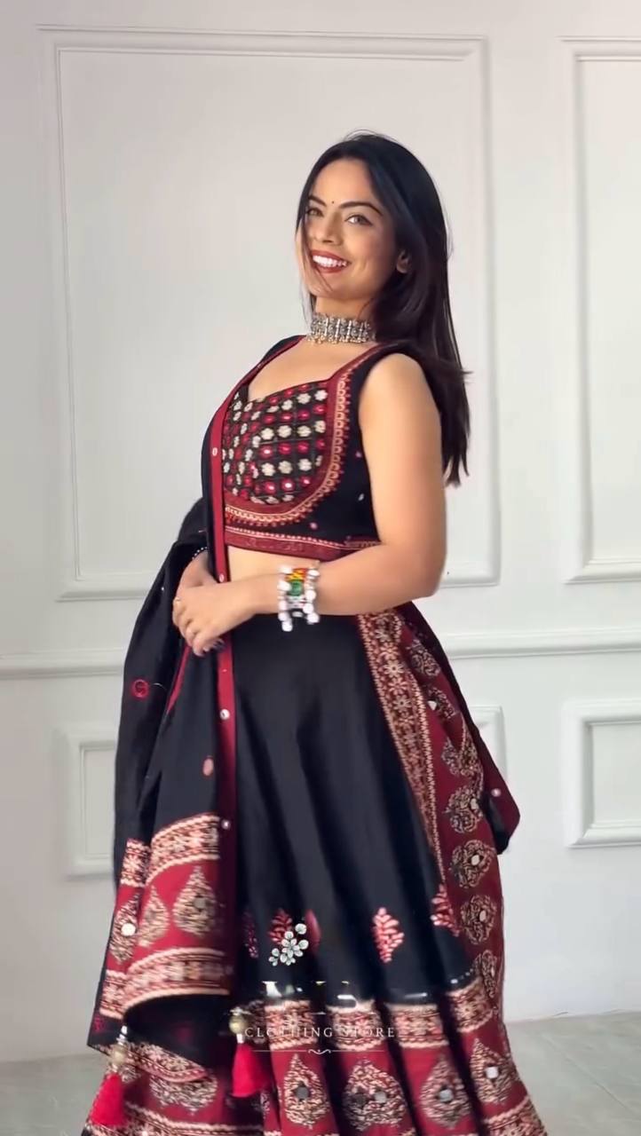 Black Printed Rayon Mirror Work Lehenga Choli, view 2