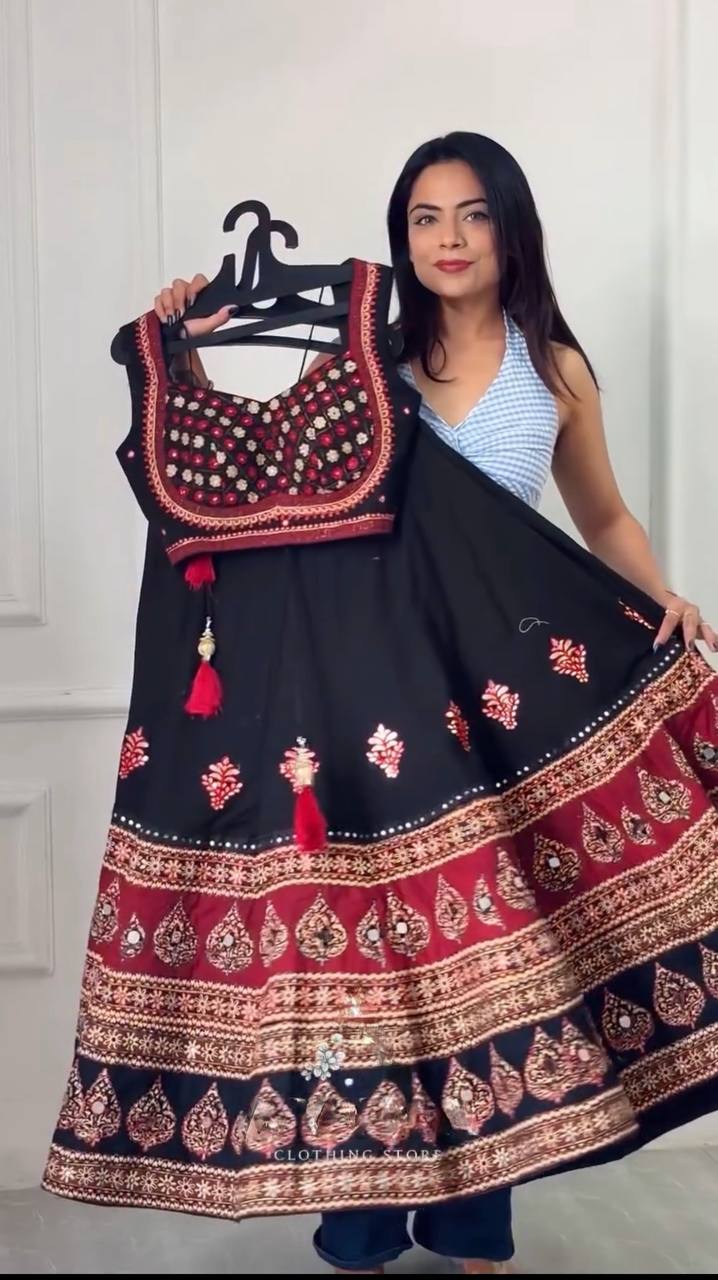 Black Printed Rayon Mirror Work Lehenga Choli, view 3