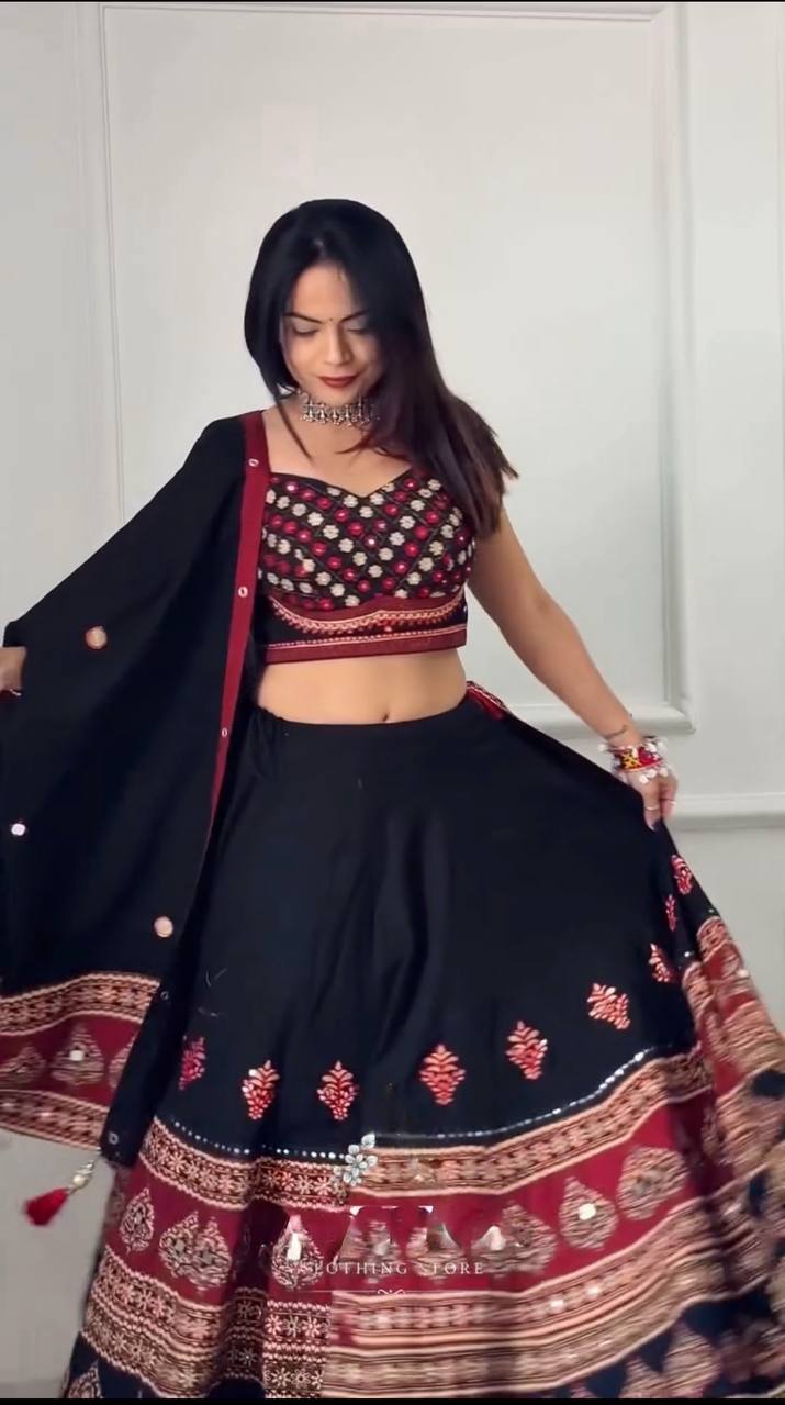 Black Printed Rayon Mirror Work Lehenga Choli, view 4
