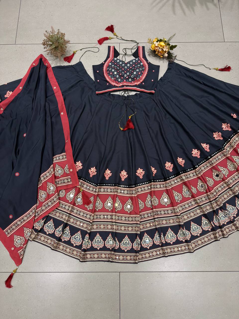 Black Printed Rayon Mirror Work Lehenga Choli, view 5