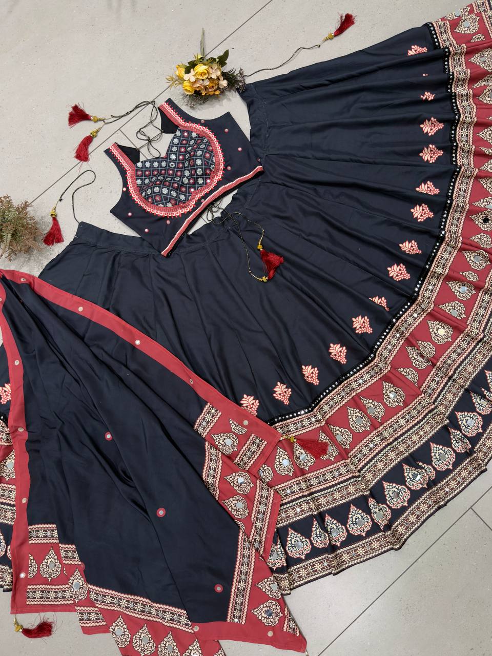 Black Printed Rayon Mirror Work Lehenga Choli, view 6