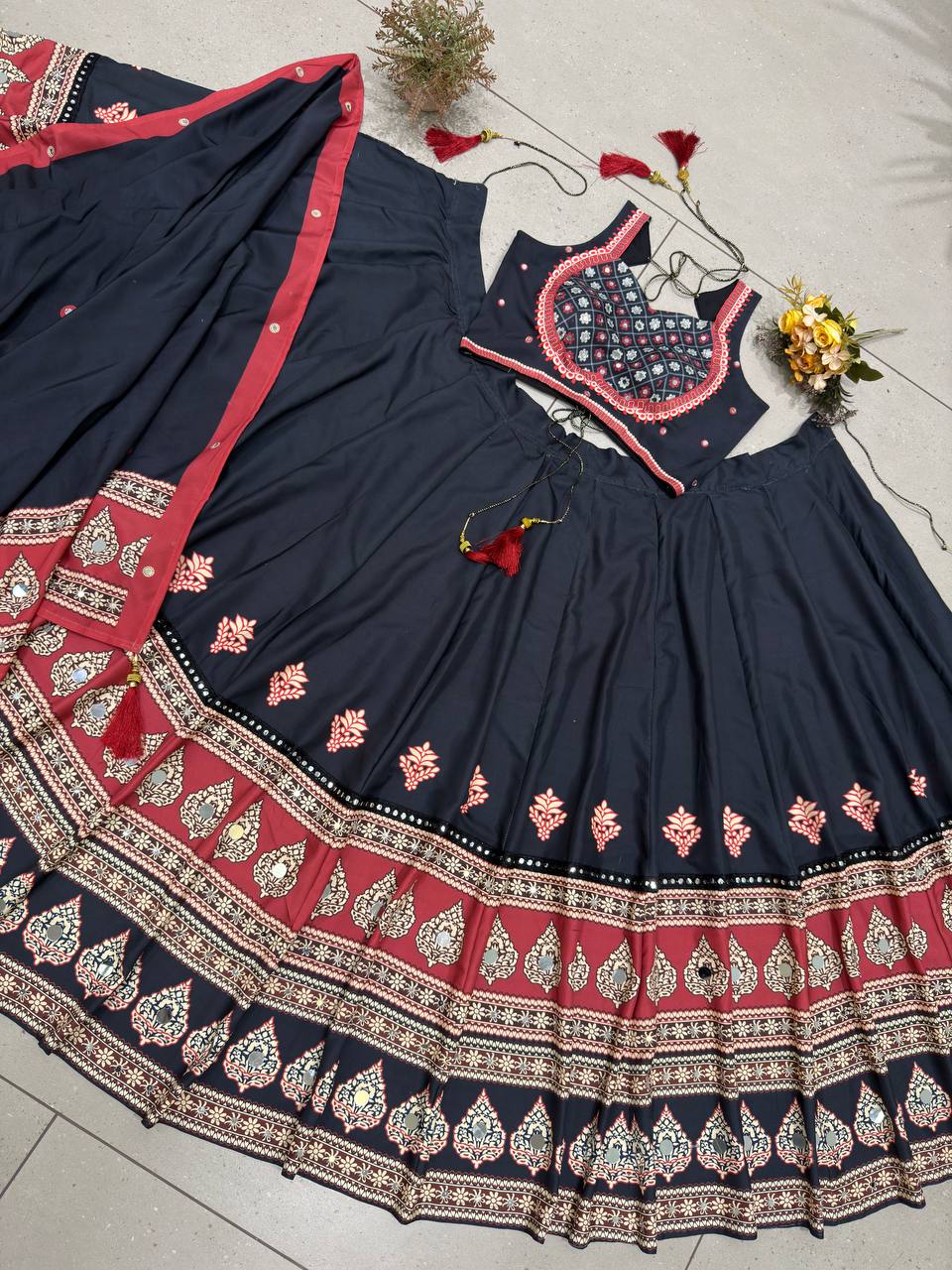 Black Printed Rayon Mirror Work Lehenga Choli, view 7