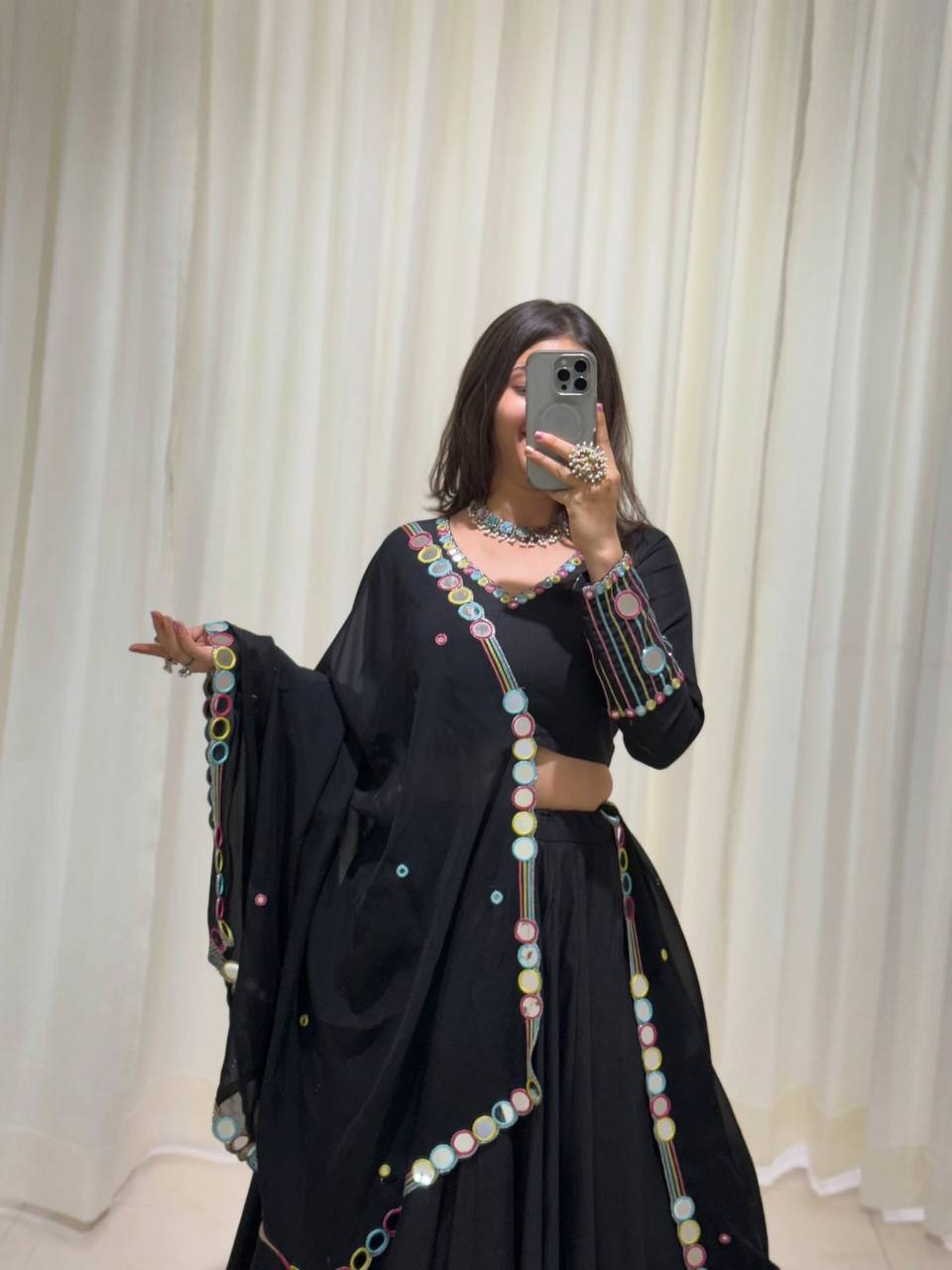 Black Rayon Mirror Work Lehenga Choli, view 2