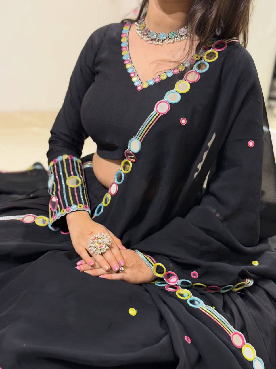 Black Rayon Mirror Work Lehenga Choli, view 3