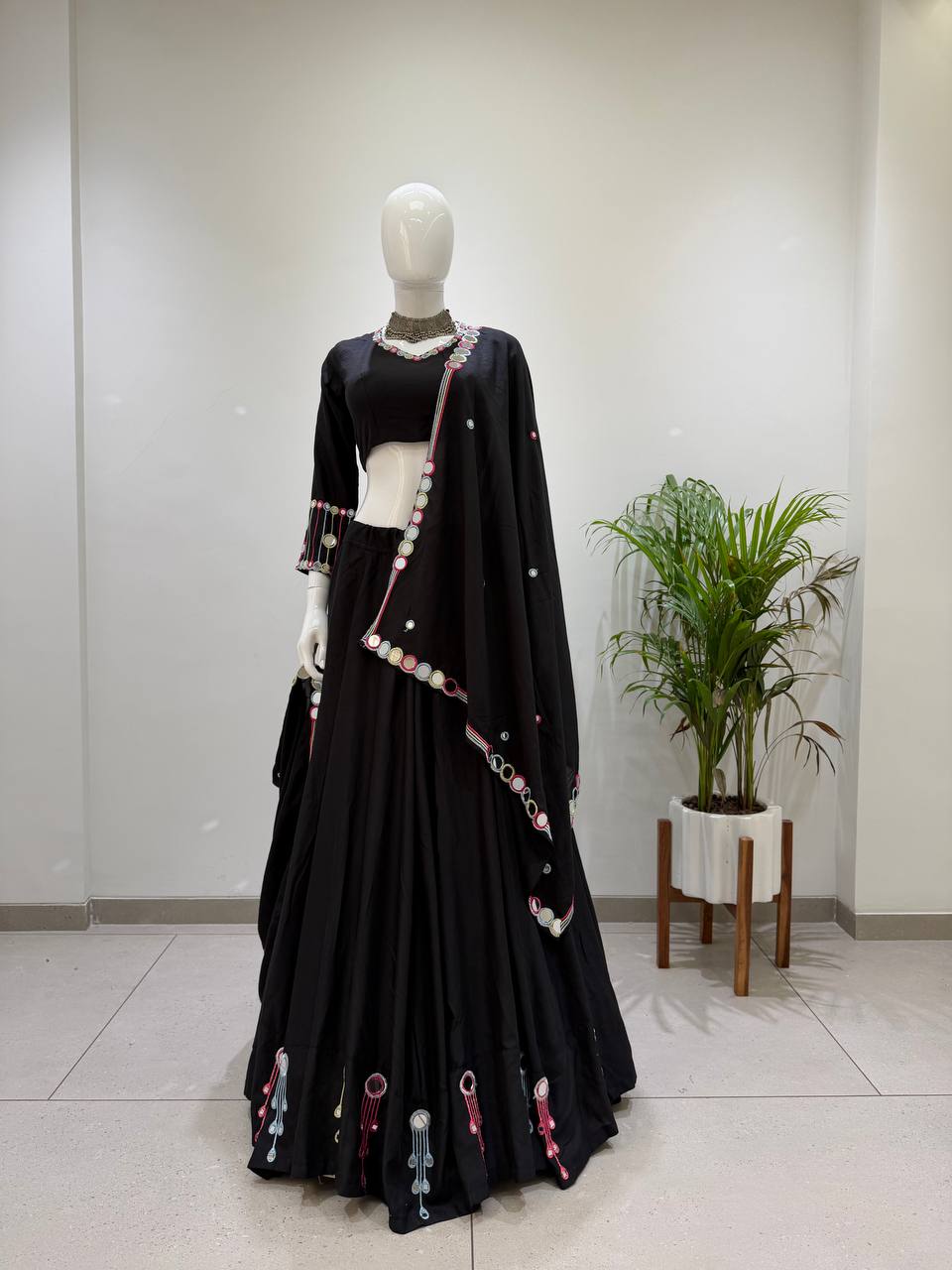 Black Rayon Mirror Work Lehenga Choli, view 4