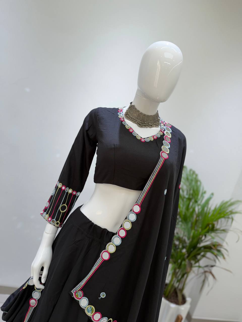 Black Rayon Mirror Work Lehenga Choli, view 5