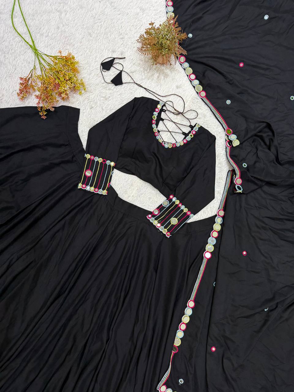 Black Rayon Mirror Work Lehenga Choli, view 6