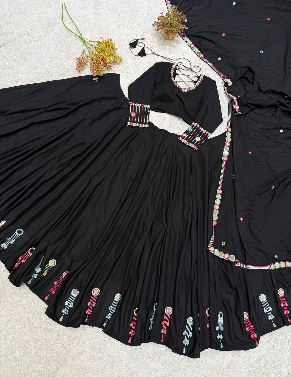 Black Rayon Mirror Work Lehenga Choli, view 7