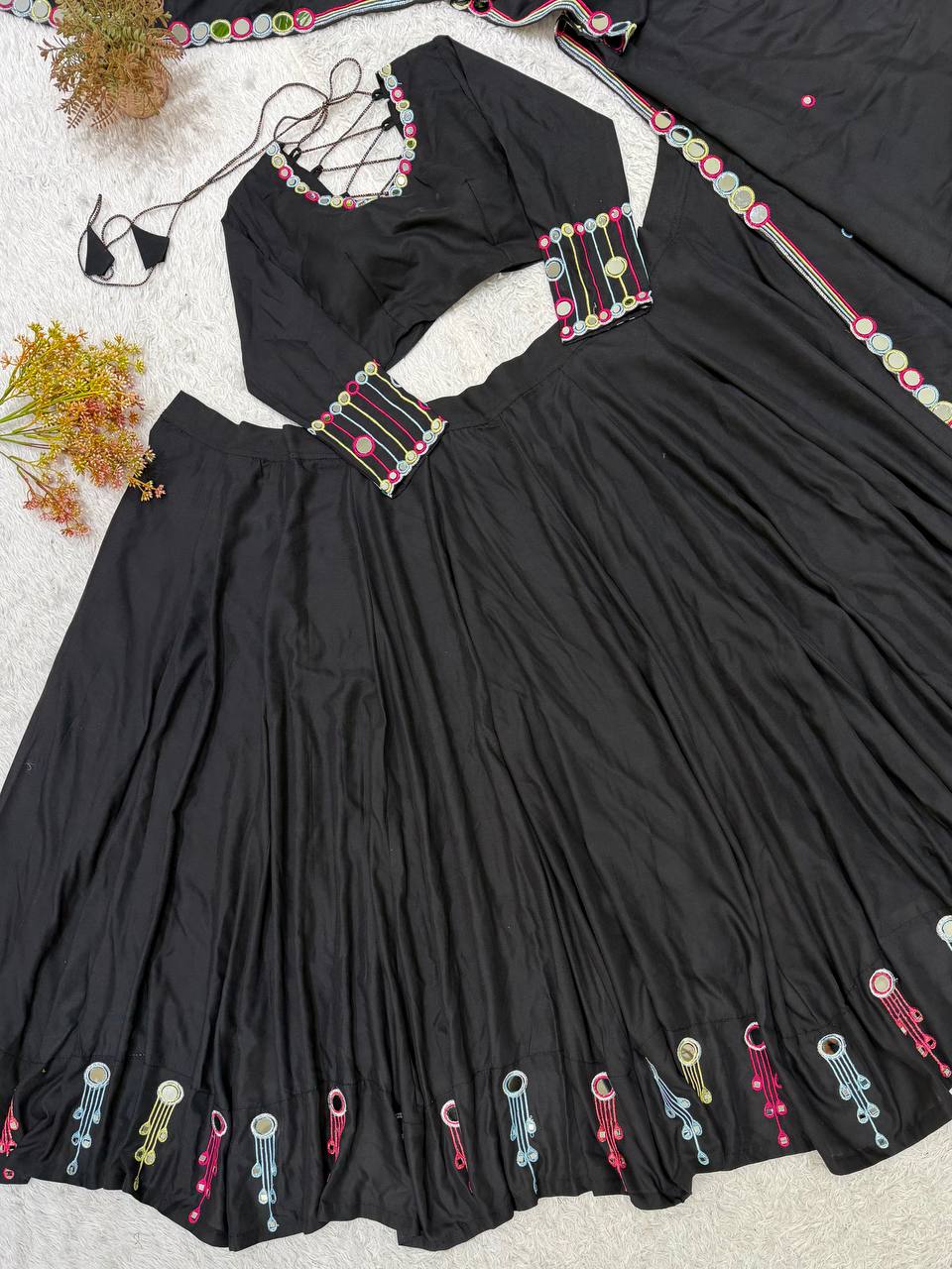 Black Rayon Mirror Work Lehenga Choli, view 8
