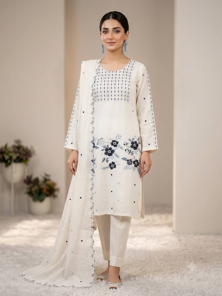 Off-White Roman Silk Embroidered Kurta Pant Set