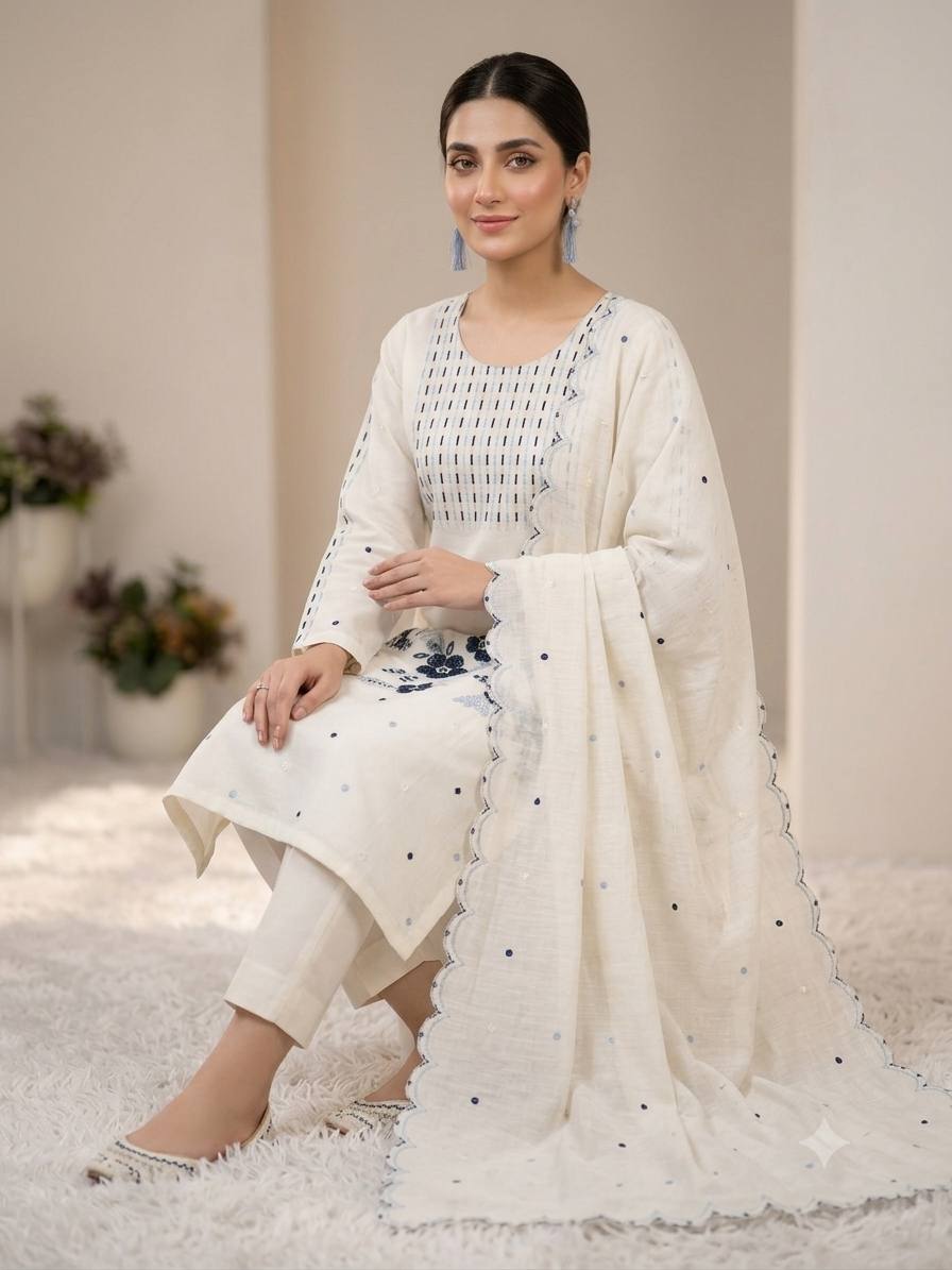 Off-White Roman Silk Embroidered Kurta Pant Set, view 2