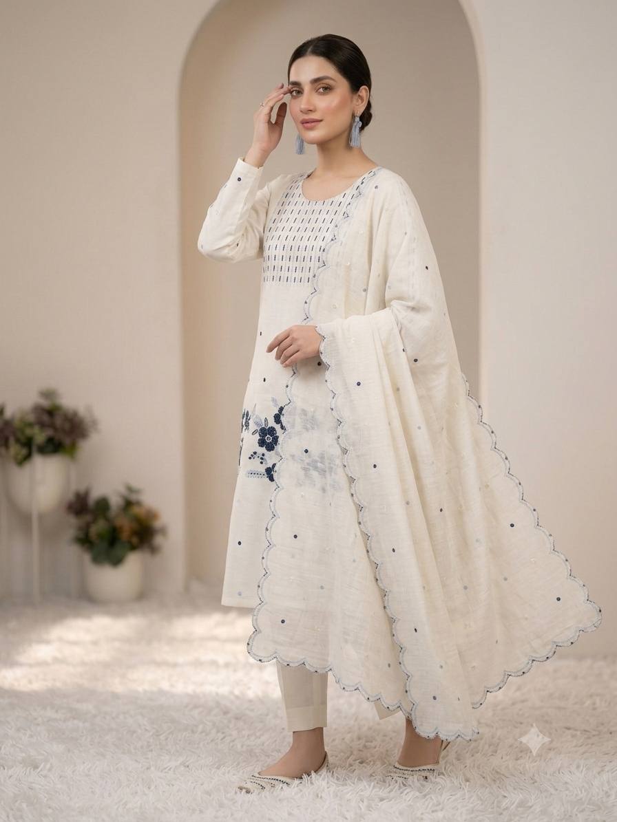 Off-White Roman Silk Embroidered Kurta Pant Set, view 3