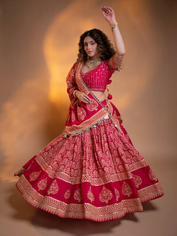 Rani Pink Printed Rayon Mirror Work Lehenga Choli