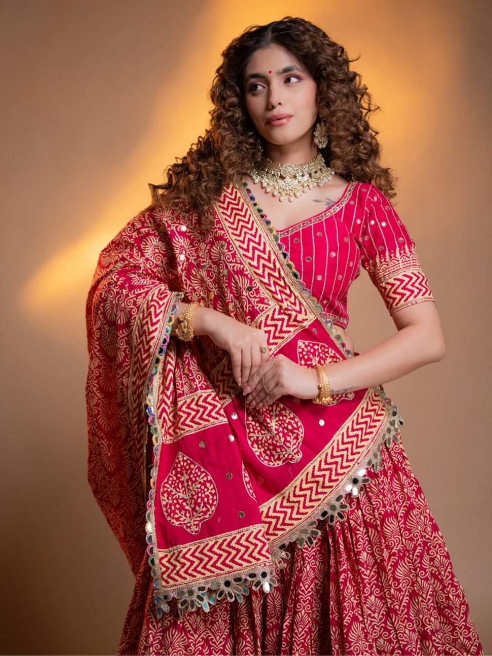 Rani Pink Printed Rayon Mirror Work Lehenga Choli, view 2