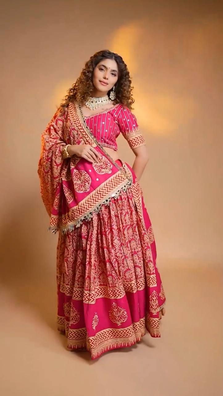 Rani Pink Printed Rayon Mirror Work Lehenga Choli, view 3
