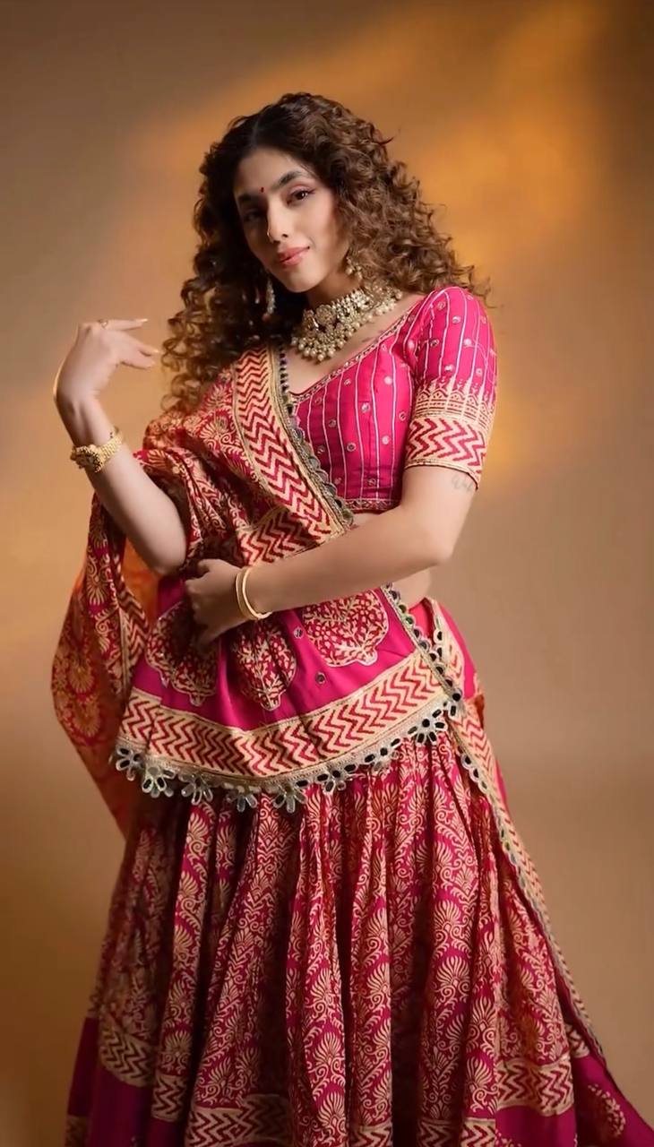 Rani Pink Printed Rayon Mirror Work Lehenga Choli, view 4