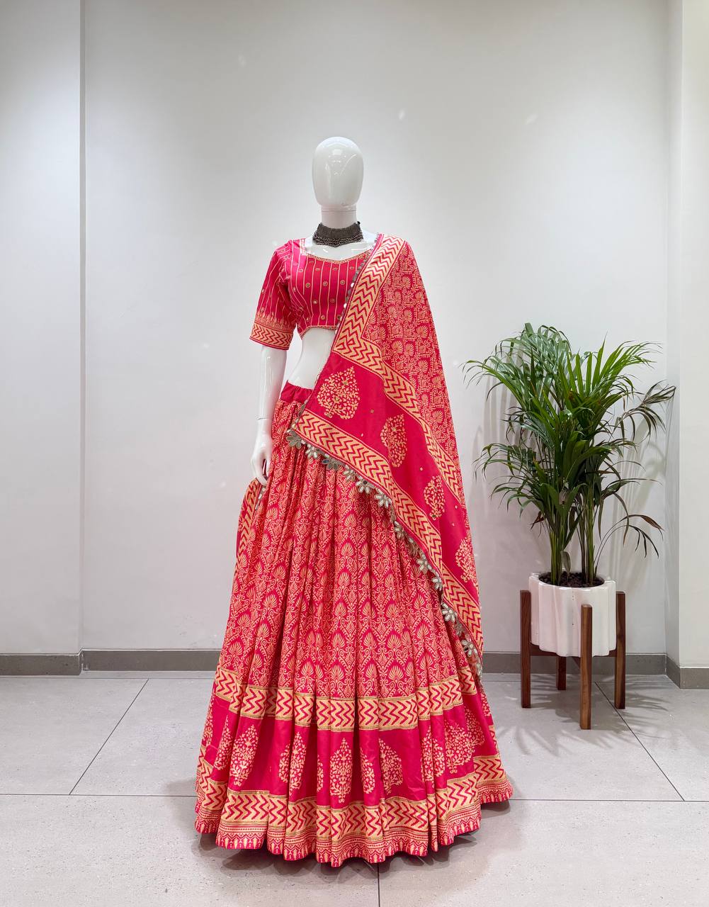 Rani Pink Printed Rayon Mirror Work Lehenga Choli, view 5