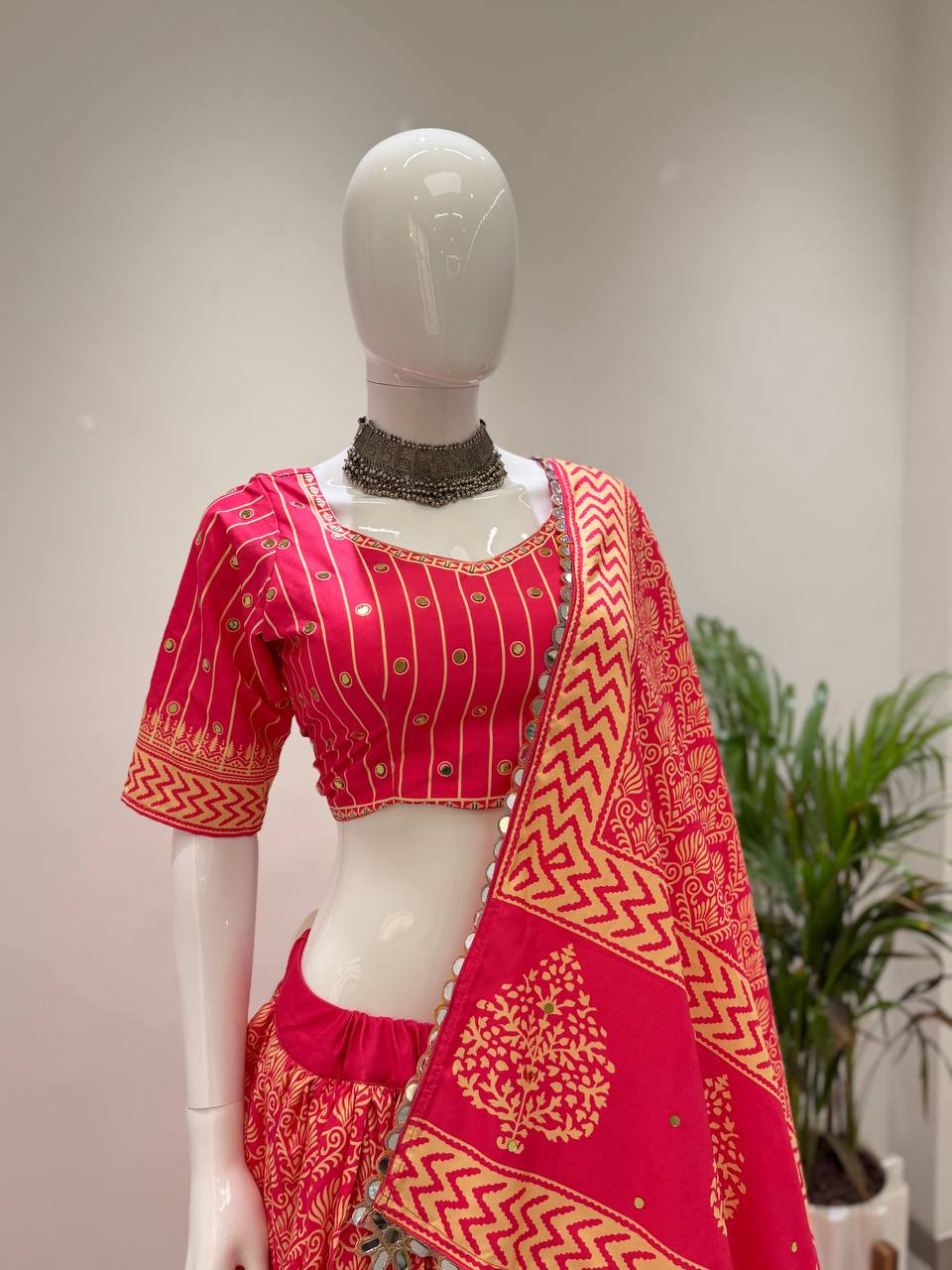 Rani Pink Printed Rayon Mirror Work Lehenga Choli, view 6