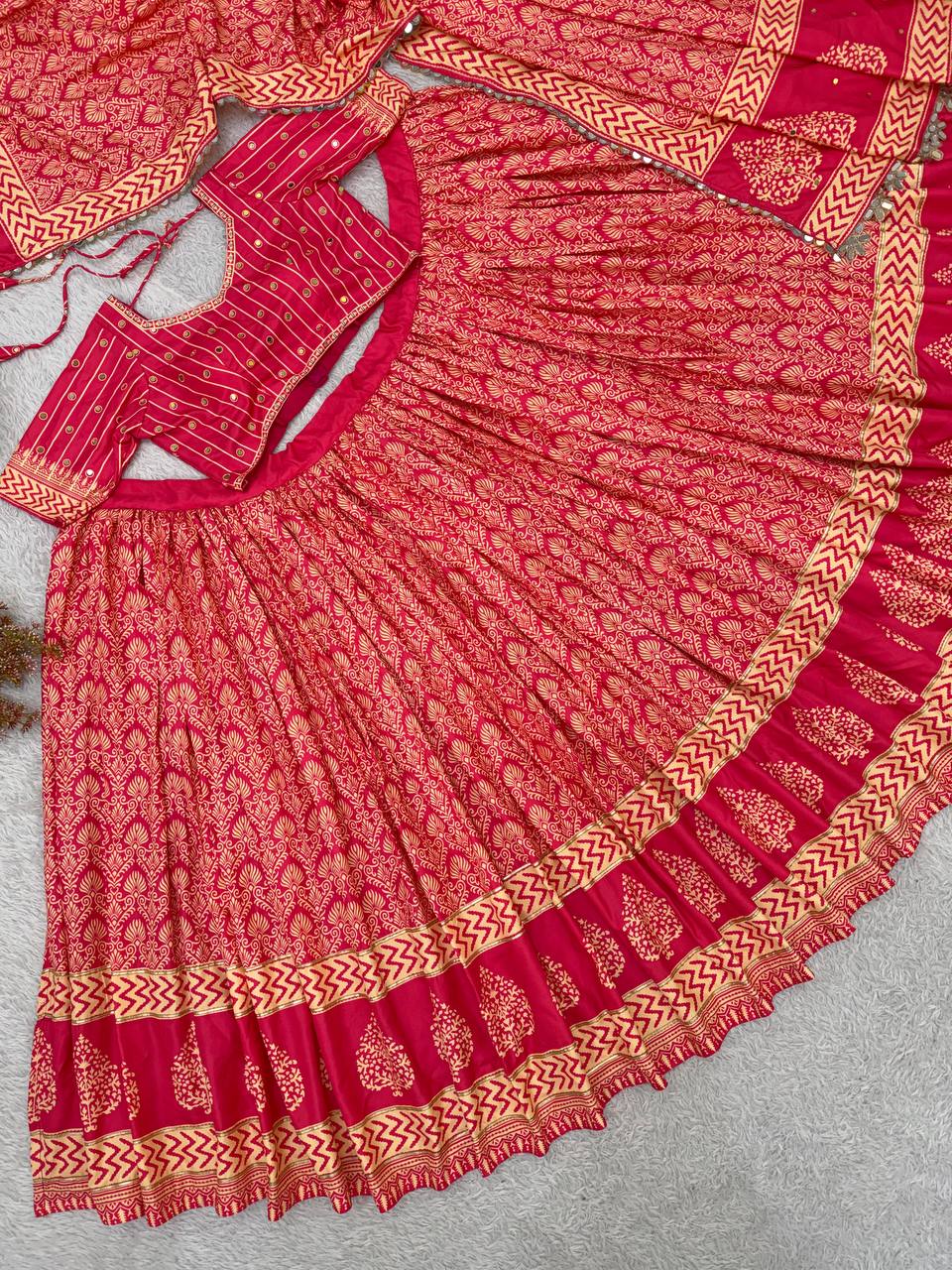Rani Pink Printed Rayon Mirror Work Lehenga Choli, view 7