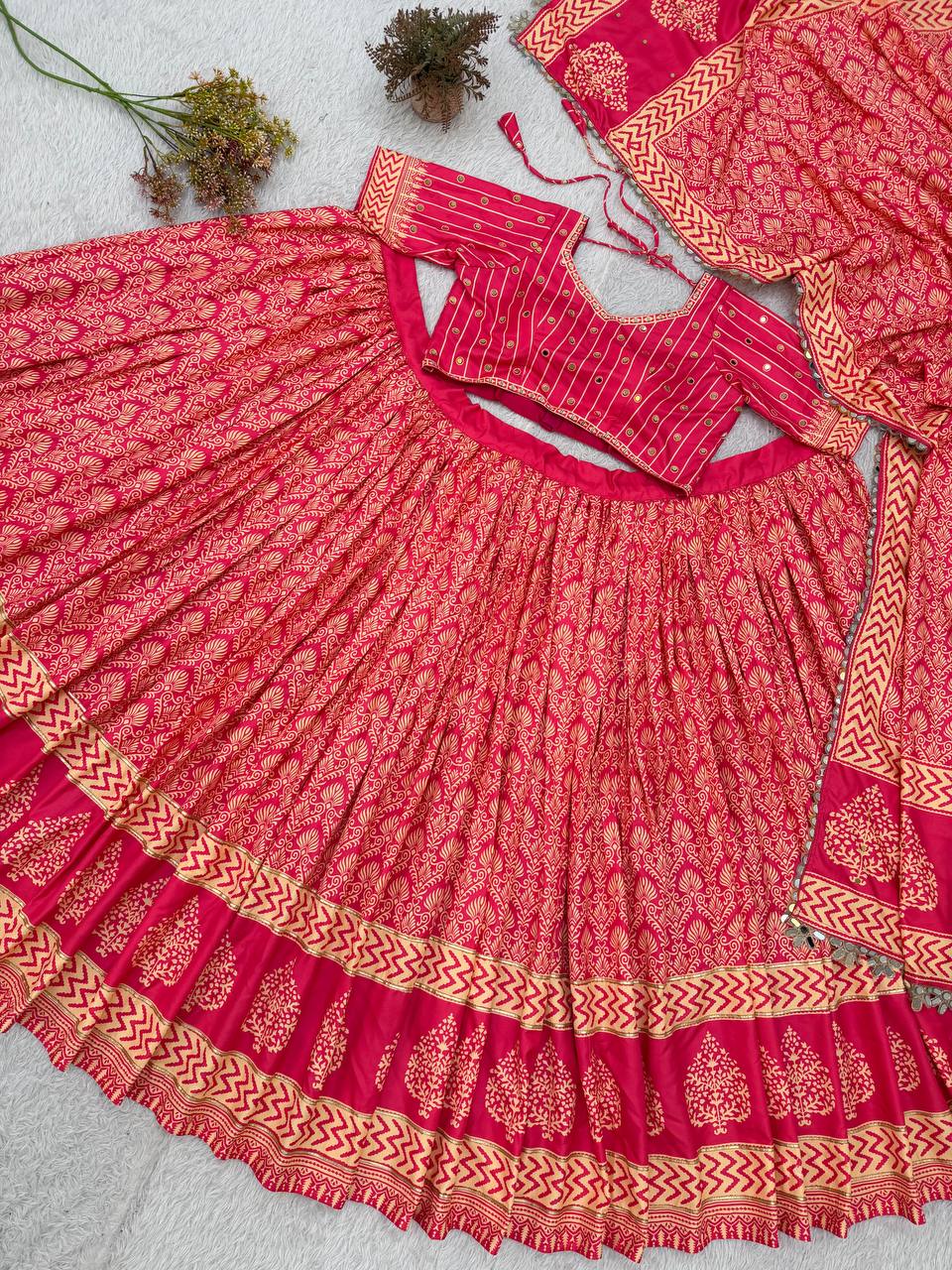 Rani Pink Printed Rayon Mirror Work Lehenga Choli, view 8