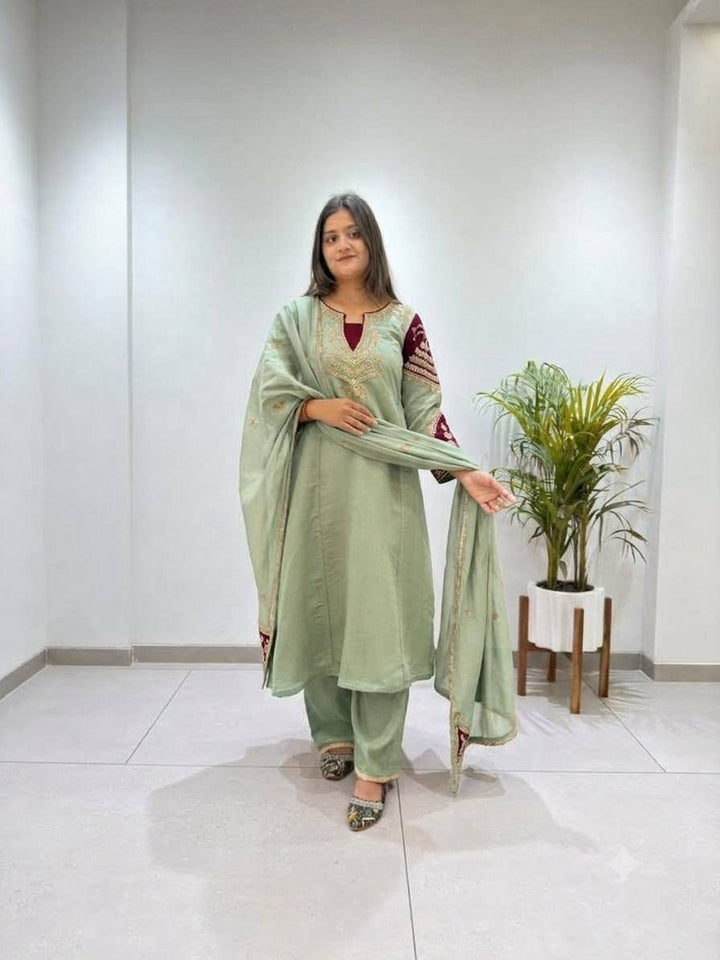 Pista Green Mul Chanderi Kurta Palazzo Set 509