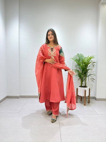 Coral Mul Chanderi Sequin Kurta Palazzo Set